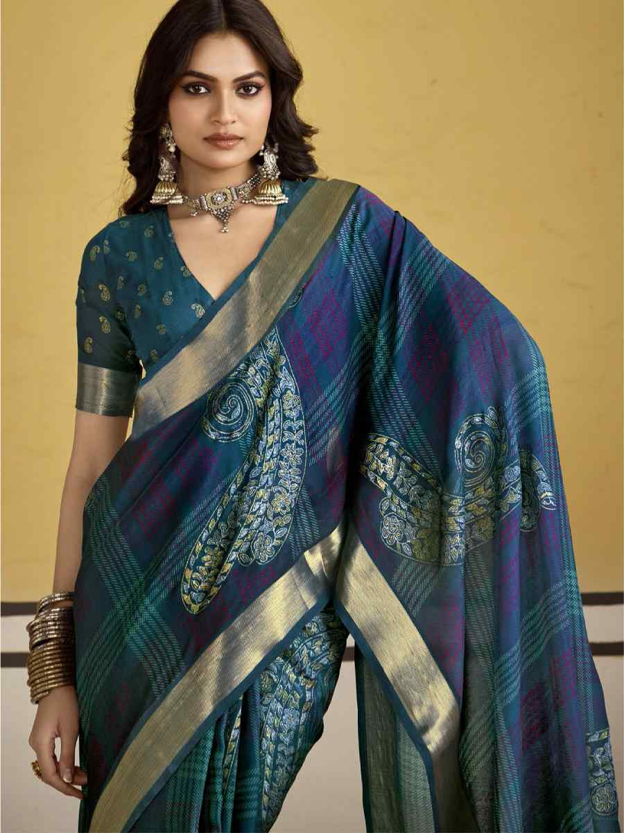 Teal Blue Silk Printed with Handwoven Festival Wedding Fancy Heavy Border Saree