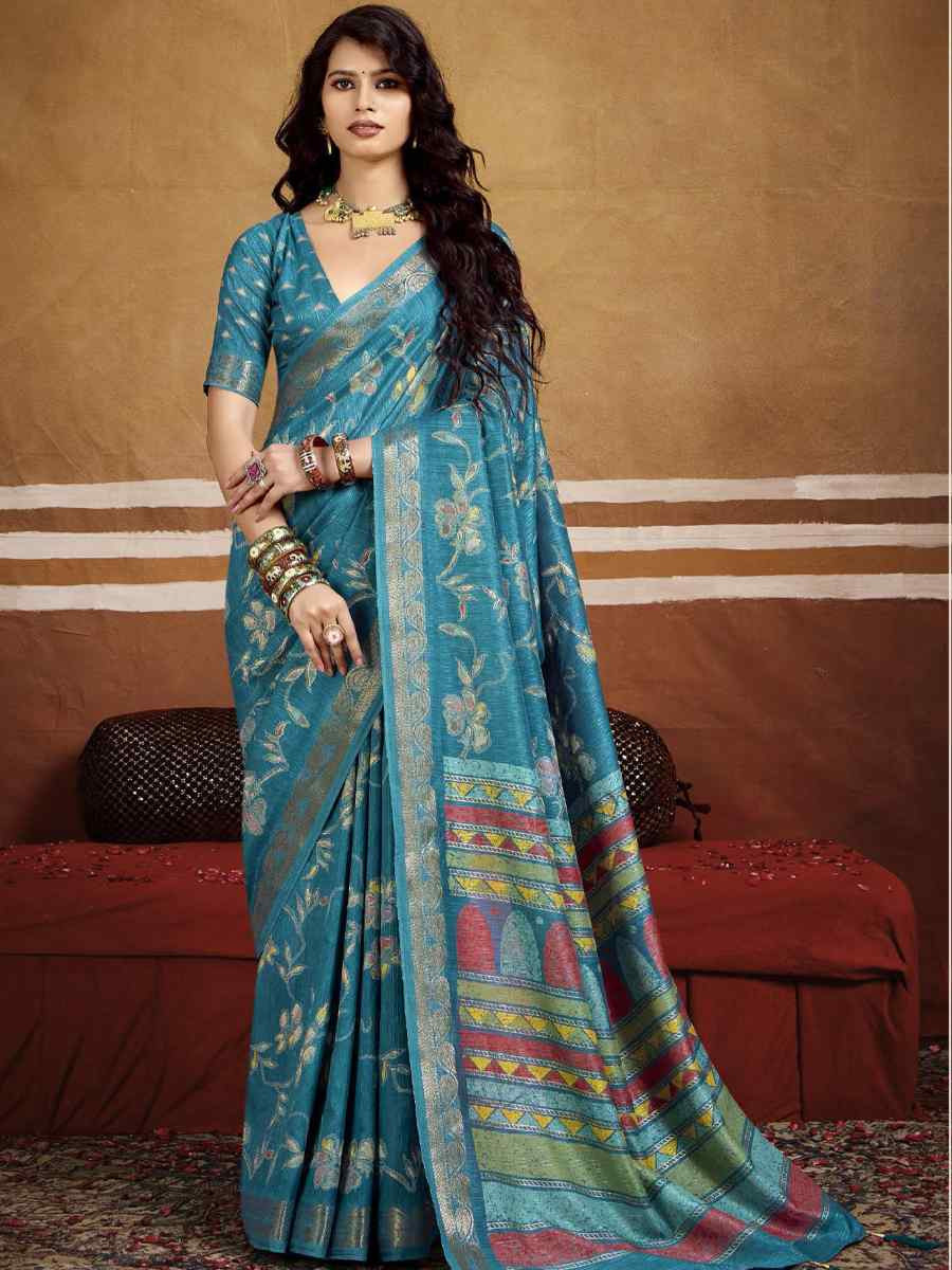 Teal Blue Silk Printed with Handwoven Festival Wedding Fancy Heavy Border Saree