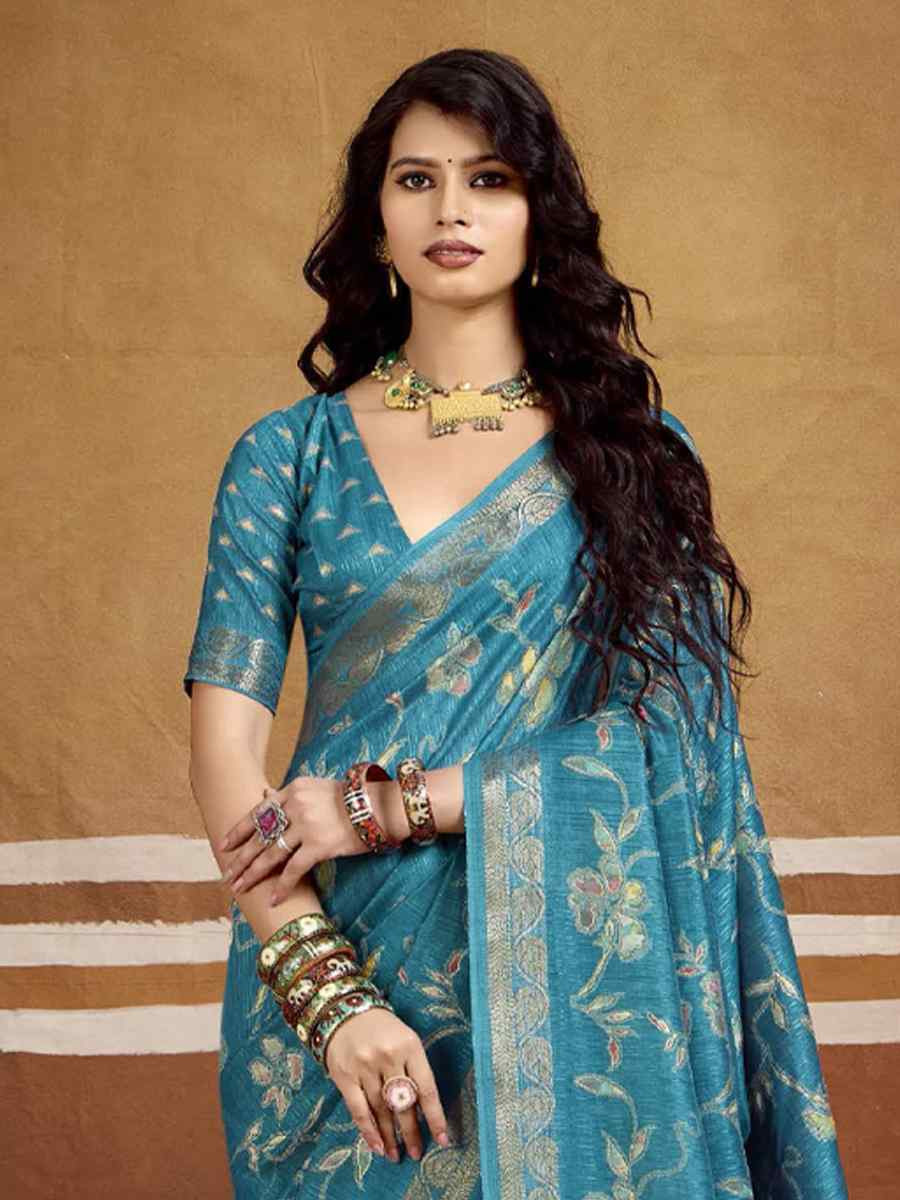 Teal Blue Silk Printed with Handwoven Festival Wedding Fancy Heavy Border Saree