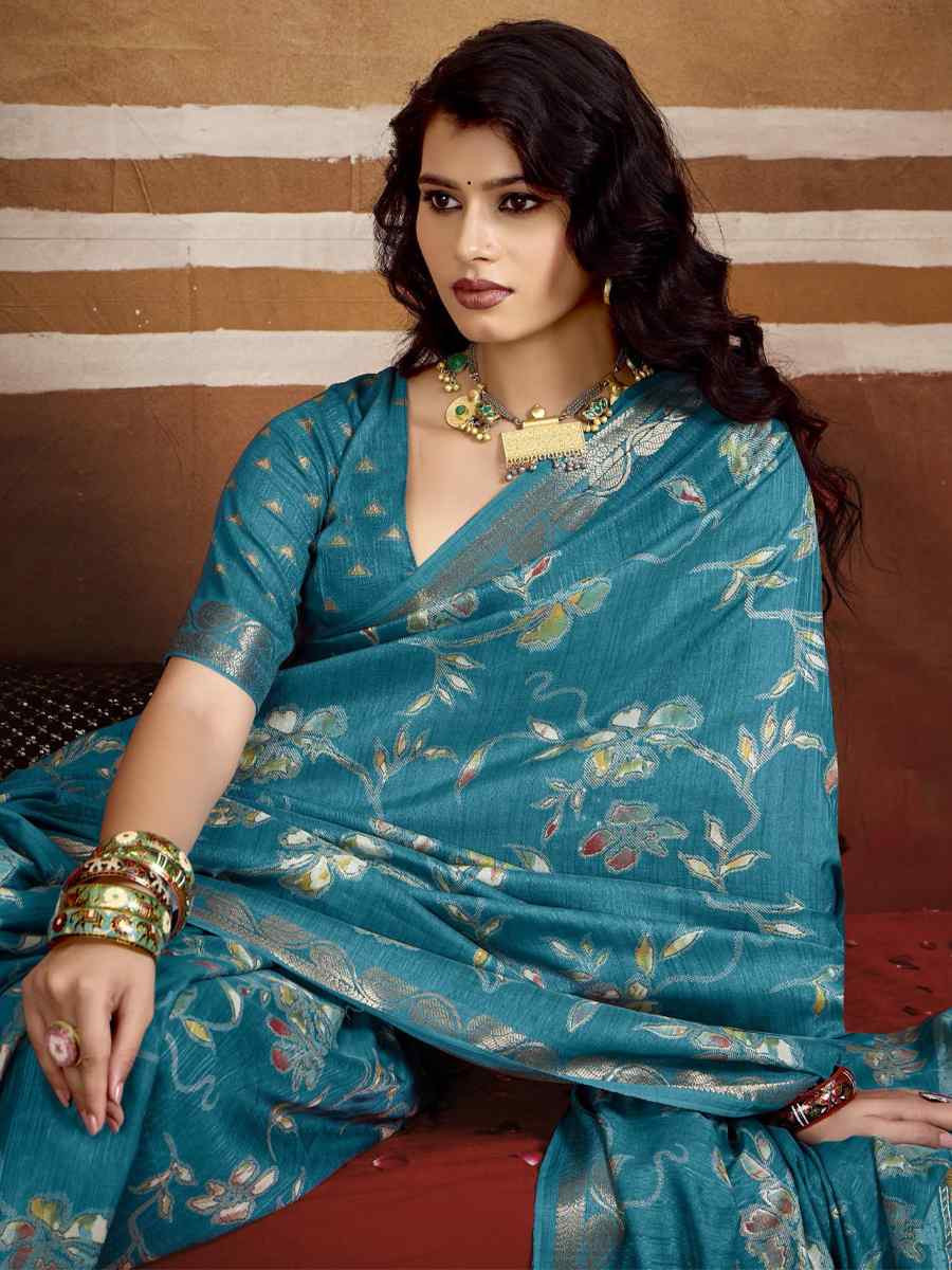 Teal Blue Silk Printed with Handwoven Festival Wedding Fancy Heavy Border Saree