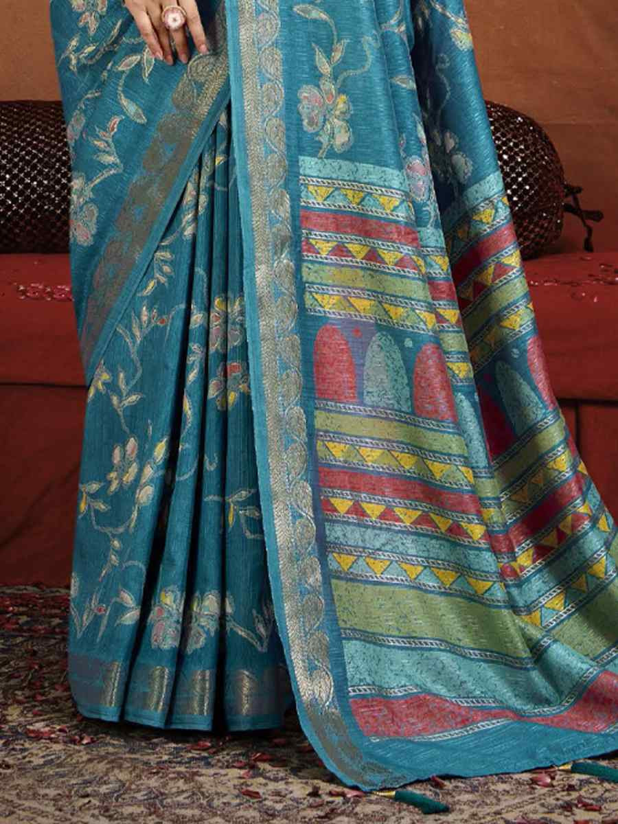 Teal Blue Silk Printed with Handwoven Festival Wedding Fancy Heavy Border Saree