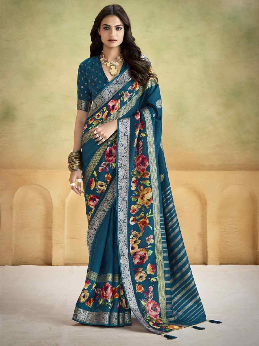 Teal Blue Silk Printed with Handwoven Festival Wedding Fancy Heavy Border Saree
