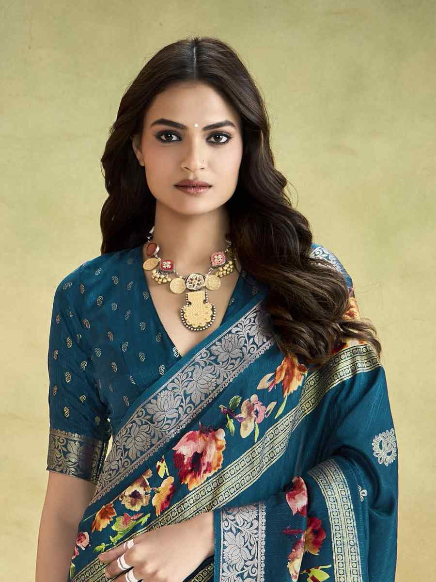 Teal Blue Silk Printed with Handwoven Festival Wedding Fancy Heavy Border Saree