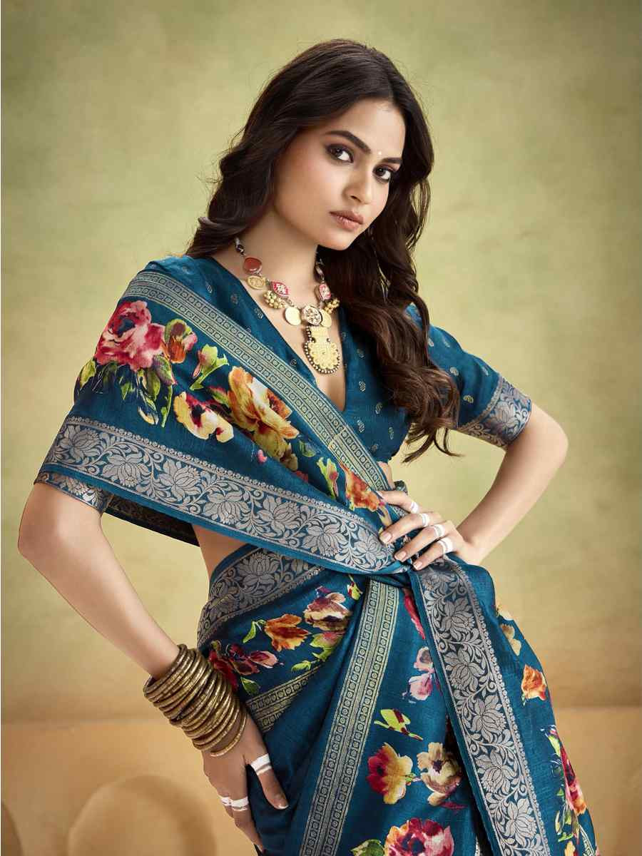 Teal Blue Silk Printed with Handwoven Festival Wedding Fancy Heavy Border Saree