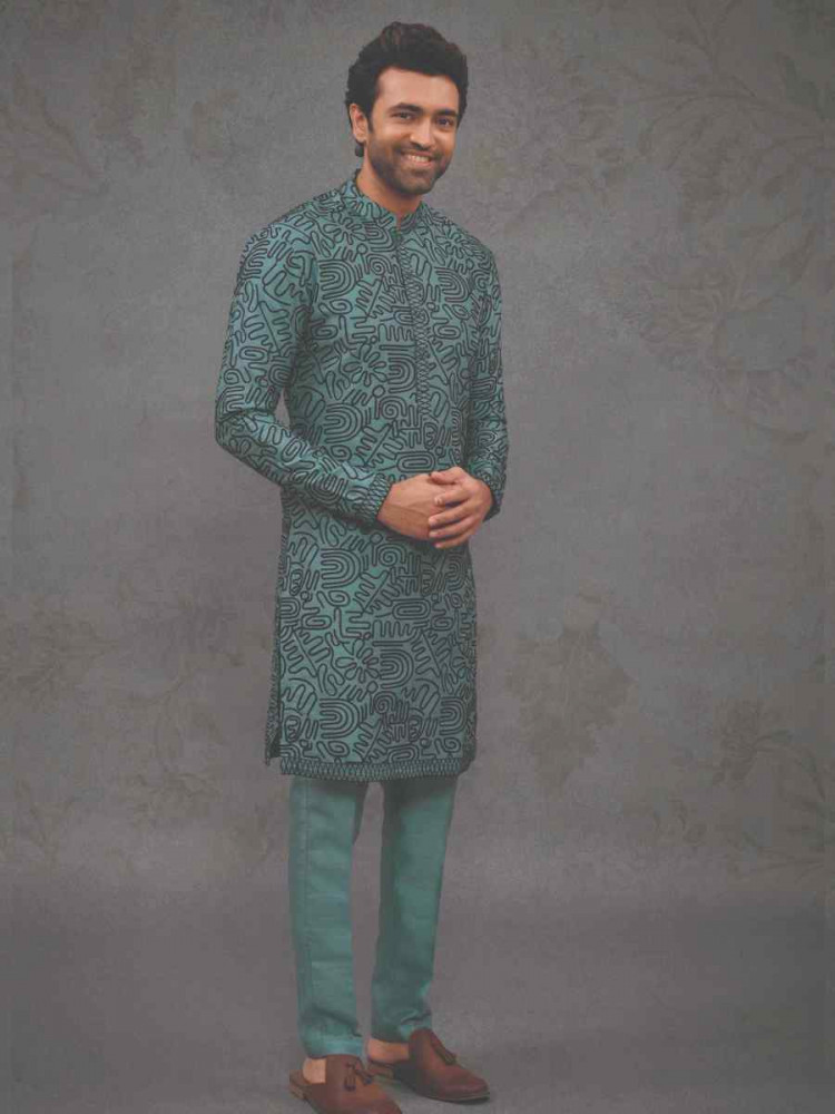 Teal Blue Silk Woven Party Wedding Kurta