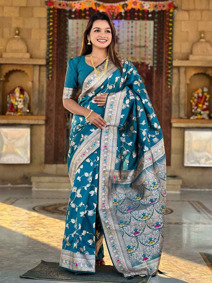 Teal Blue Soft Banarashi Silk Handwoven Festival Wedding Fancy Heavy Border Saree