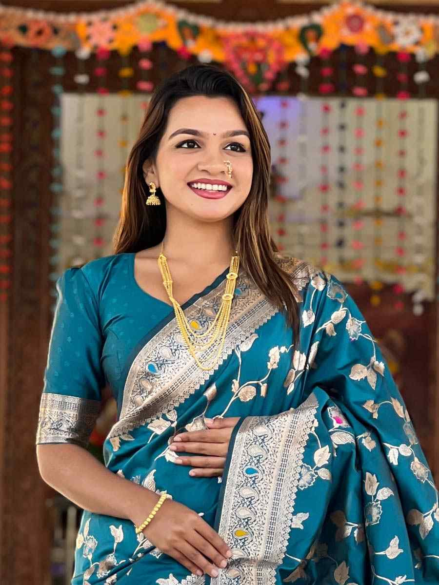 Teal Blue Soft Banarashi Silk Handwoven Festival Wedding Fancy Heavy Border Saree