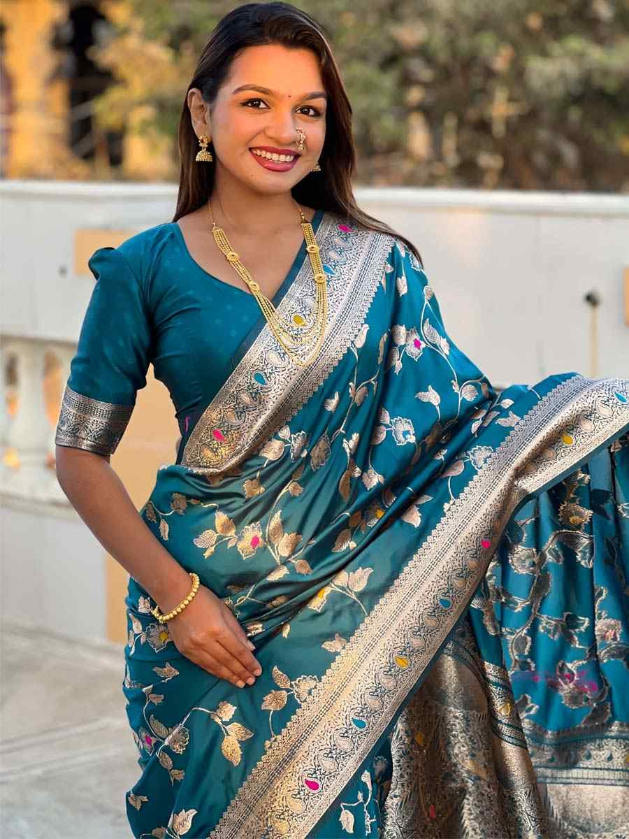 Teal Blue Soft Banarashi Silk Handwoven Festival Wedding Fancy Heavy Border Saree
