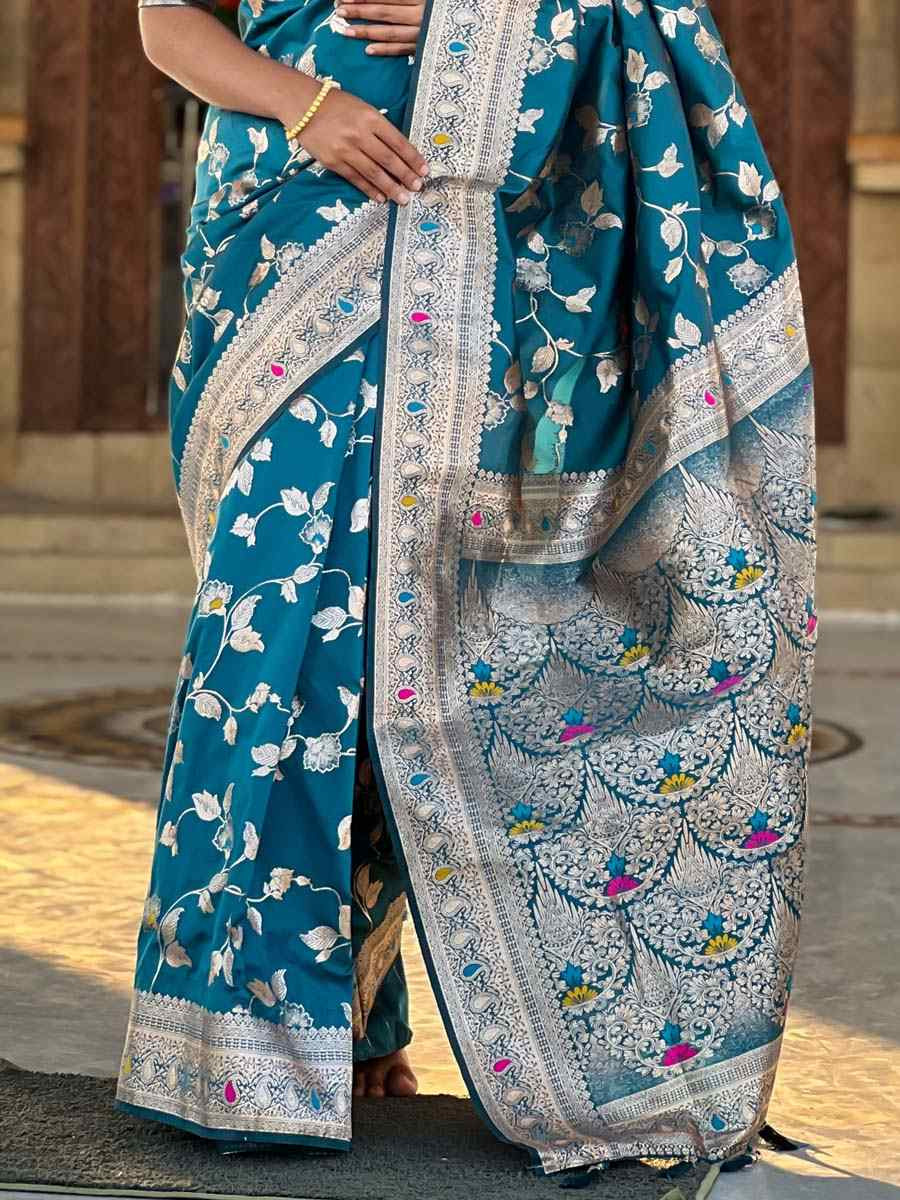 Teal Blue Soft Banarashi Silk Handwoven Festival Wedding Fancy Heavy Border Saree