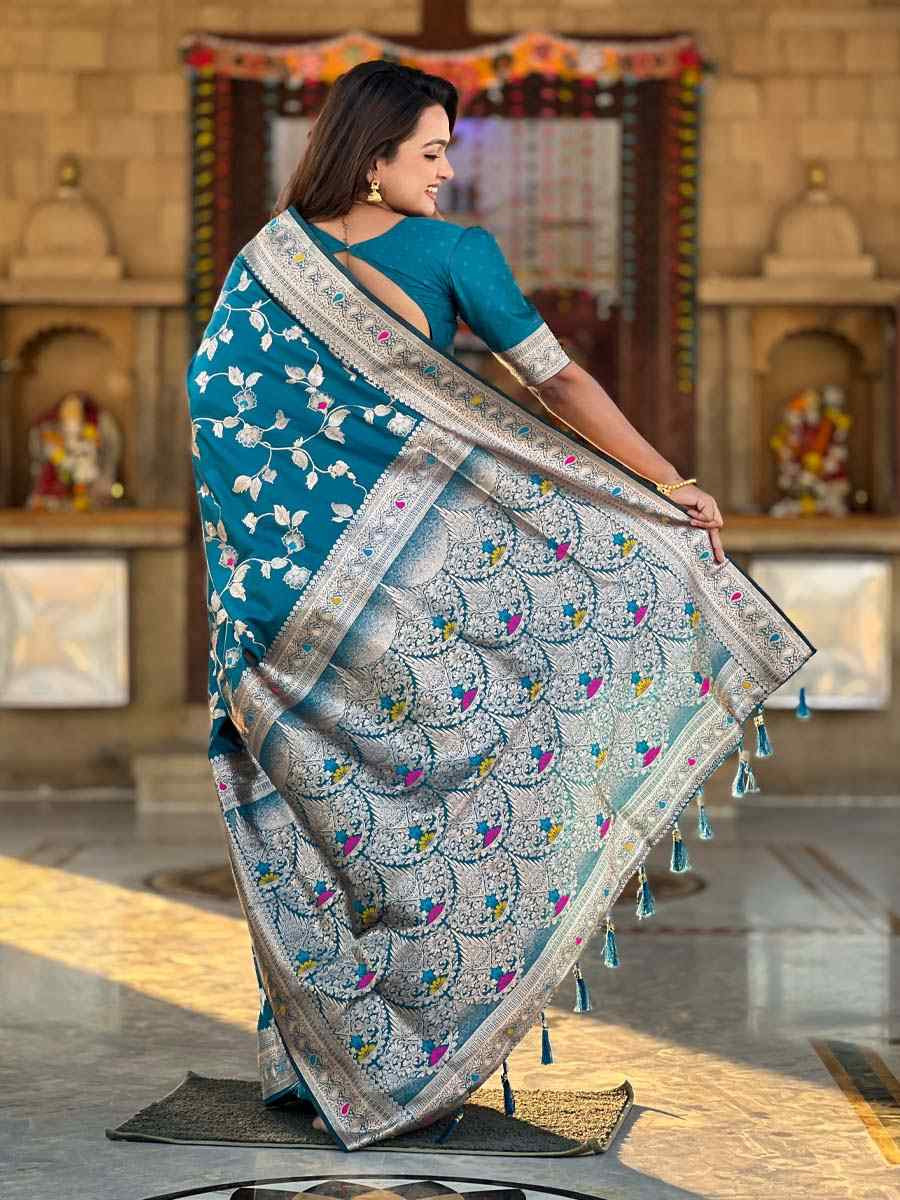 Teal Blue Soft Banarashi Silk Handwoven Festival Wedding Fancy Heavy Border Saree
