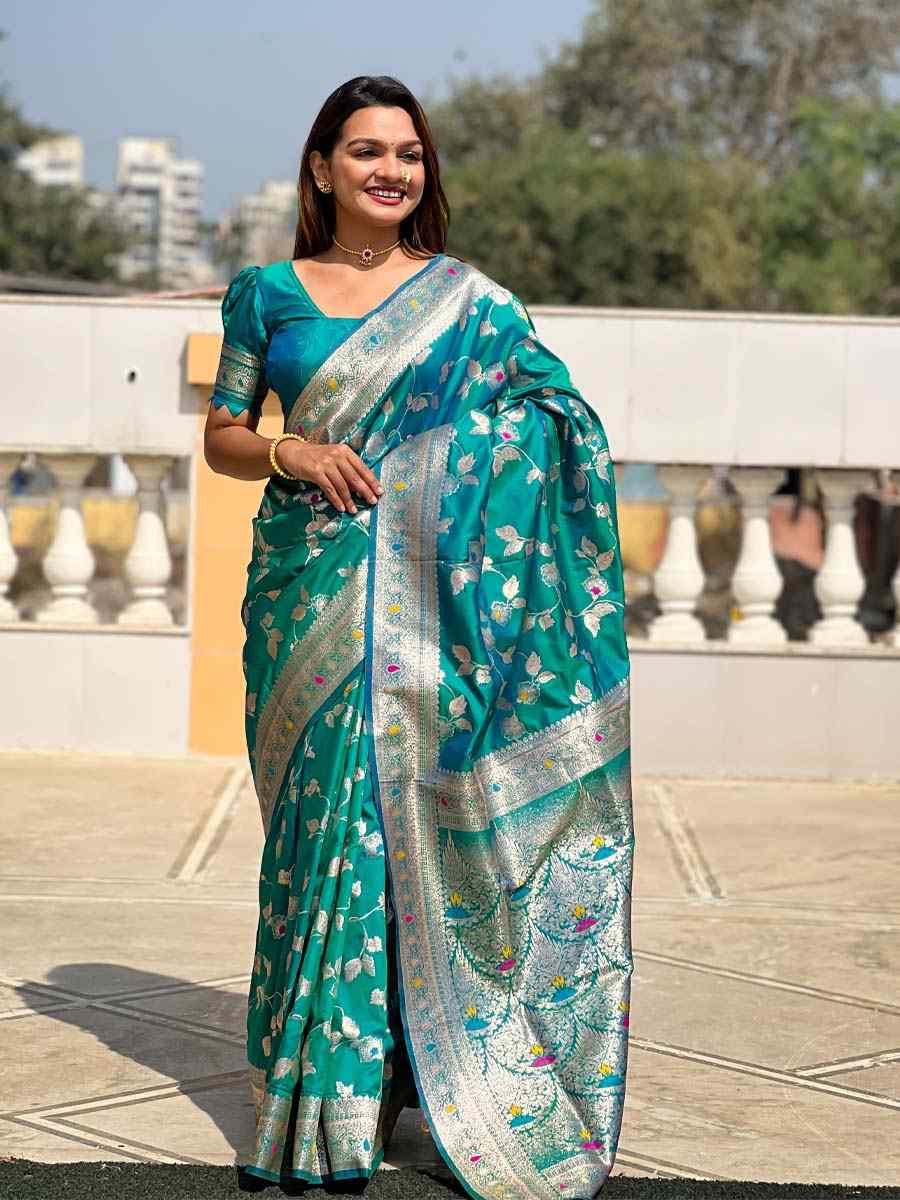 Teal Blue Soft Banarashi Silk Handwoven Festival Wedding Fancy Heavy Border Saree