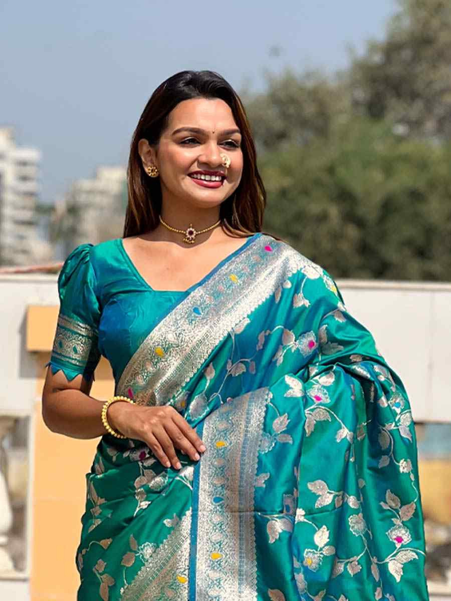 Teal Blue Soft Banarashi Silk Handwoven Festival Wedding Fancy Heavy Border Saree