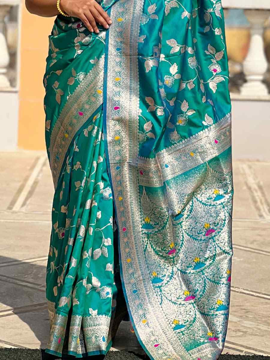 Teal Blue Soft Banarashi Silk Handwoven Festival Wedding Fancy Heavy Border Saree