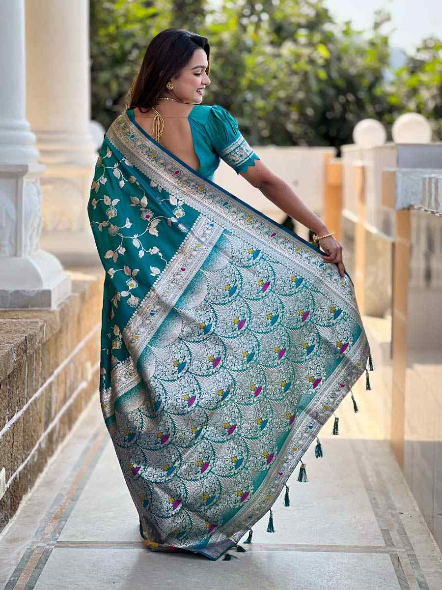 Teal Blue Soft Banarashi Silk Handwoven Festival Wedding Fancy Heavy Border Saree