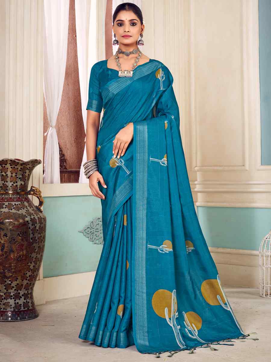 Teal Blue Soft Cotton Handwoven Casual Festival Classic Style Saree