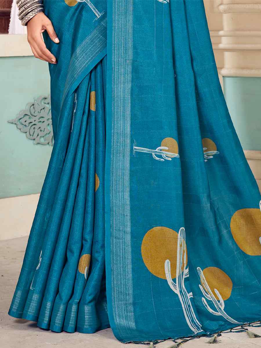 Teal Blue Soft Cotton Handwoven Casual Festival Classic Style Saree