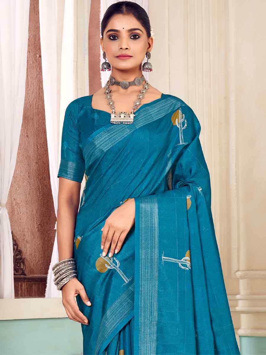Teal Blue Soft Cotton Handwoven Casual Festival Classic Style Saree