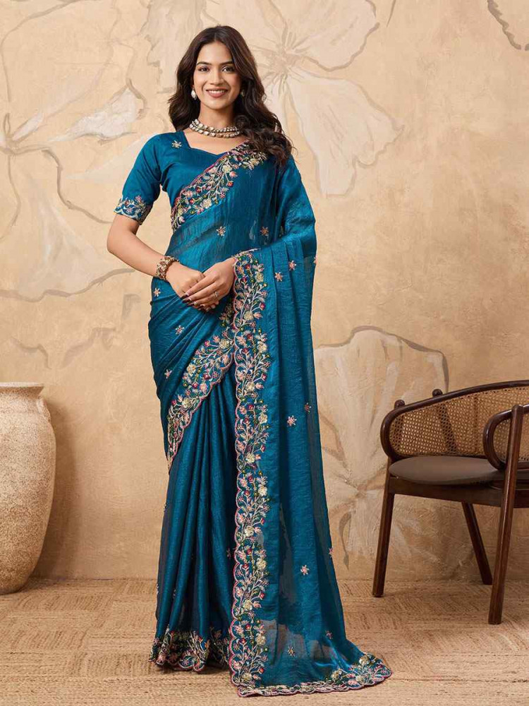 Image of Teal Blue Soft Fendy Chiffon Embroidery Bridal Reception Festival Wedding Fancy Heavy Border Saree