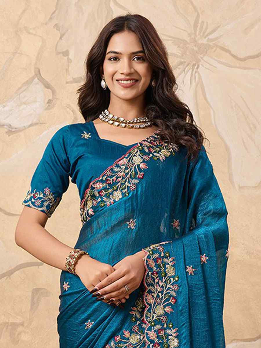 Teal Blue Soft Fendy Chiffon Embroidery Bridal Reception Festival Wedding Fancy Heavy Border Saree