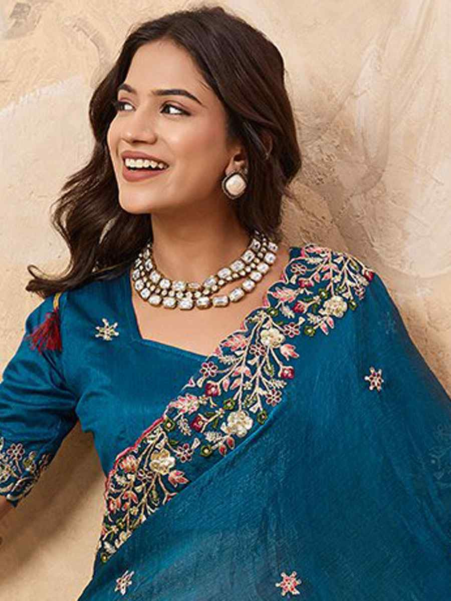 Teal Blue Soft Fendy Chiffon Embroidery Bridal Reception Festival Wedding Fancy Heavy Border Saree
