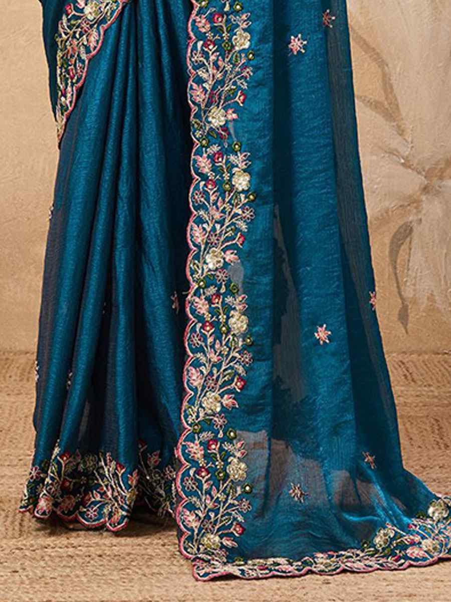 Teal Blue Soft Fendy Chiffon Embroidery Bridal Reception Festival Wedding Fancy Heavy Border Saree