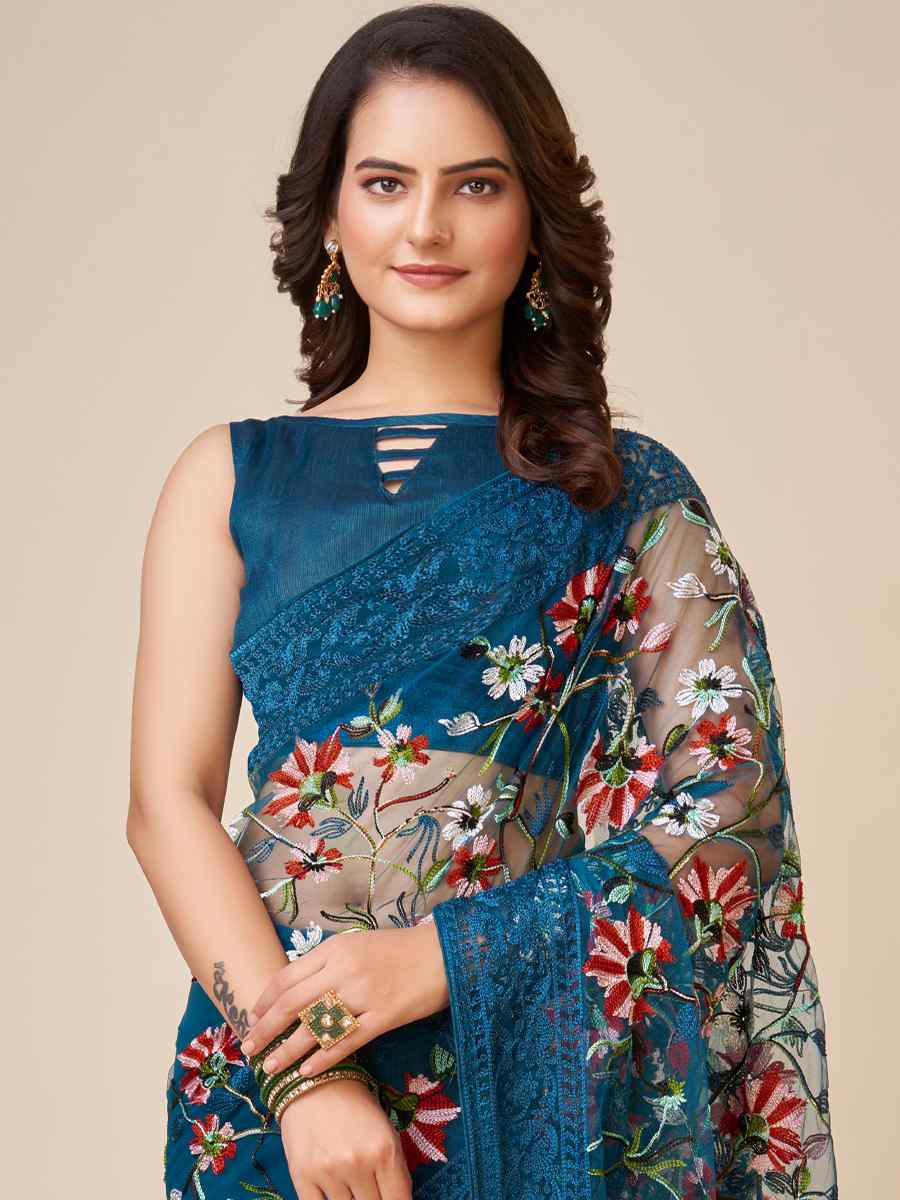 Teal Blue Soft Net Embroidered Party Festival Classic Style Saree