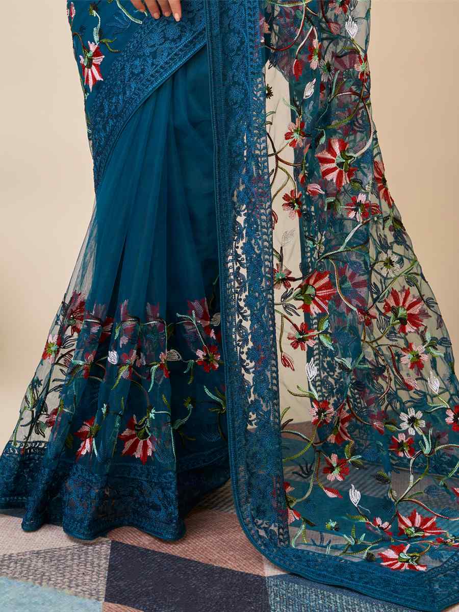 Teal Blue Soft Net Embroidered Party Festival Classic Style Saree