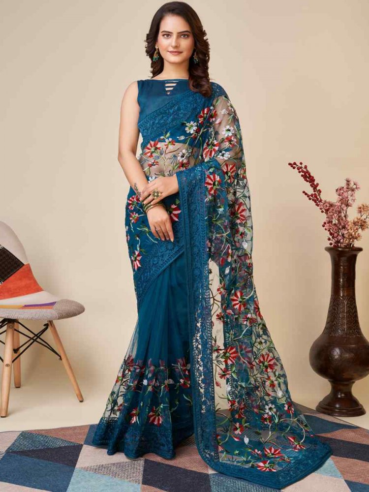 Teal Blue Soft Net Embroidered Party Festival Classic Style Saree