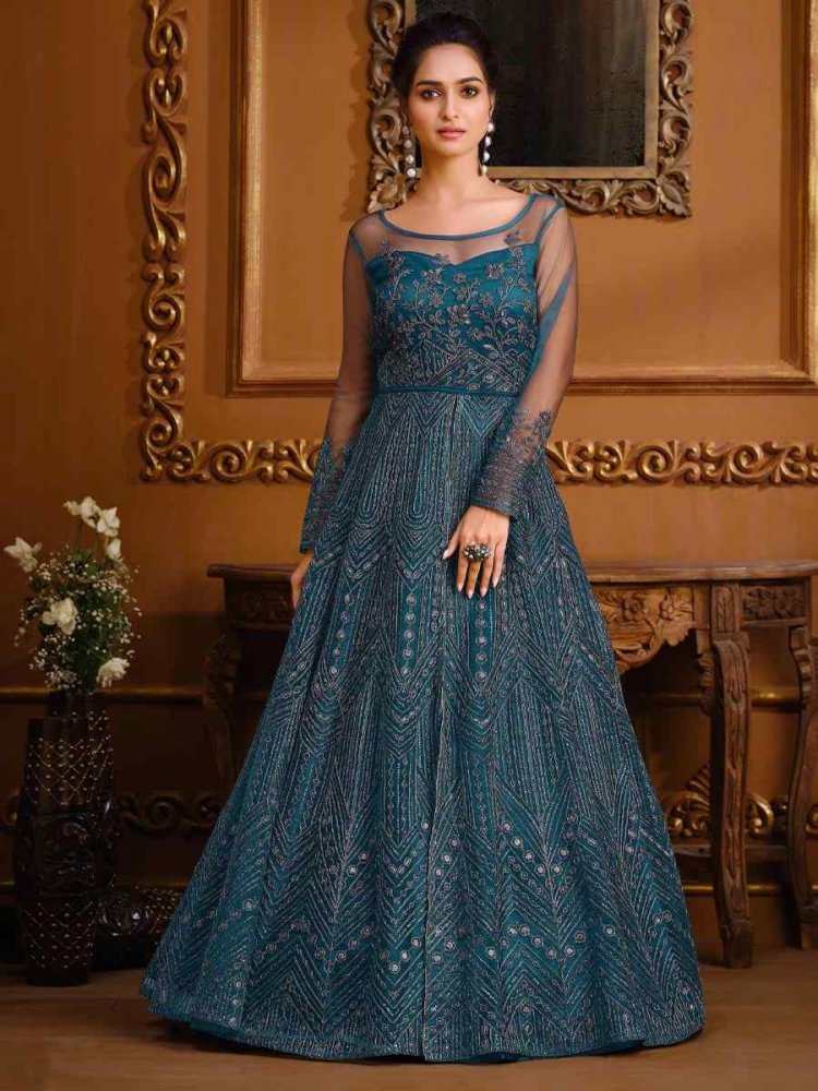 Teal Blue Soft Net Embroidered Stone Party Engagement Lawn Salwar Kameez