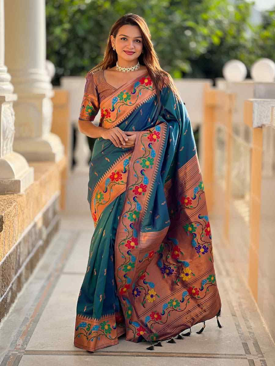 Teal Blue Soft Pathani Silk Handwoven Festival Wedding Fancy Heavy Border Saree