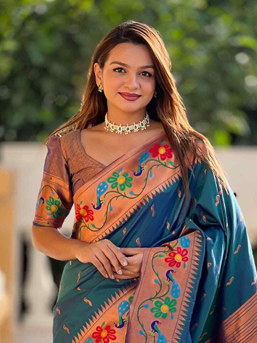 Teal Blue Soft Pathani Silk Handwoven Festival Wedding Fancy Heavy Border Saree