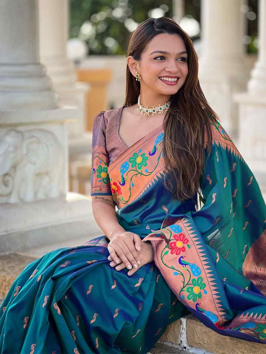 Teal Blue Soft Pathani Silk Handwoven Festival Wedding Fancy Heavy Border Saree
