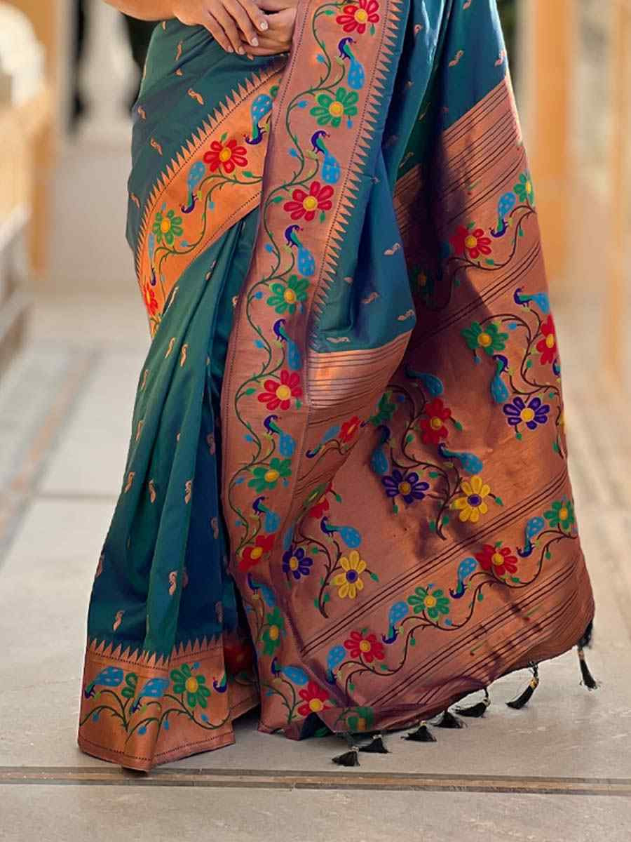 Teal Blue Soft Pathani Silk Handwoven Festival Wedding Fancy Heavy Border Saree