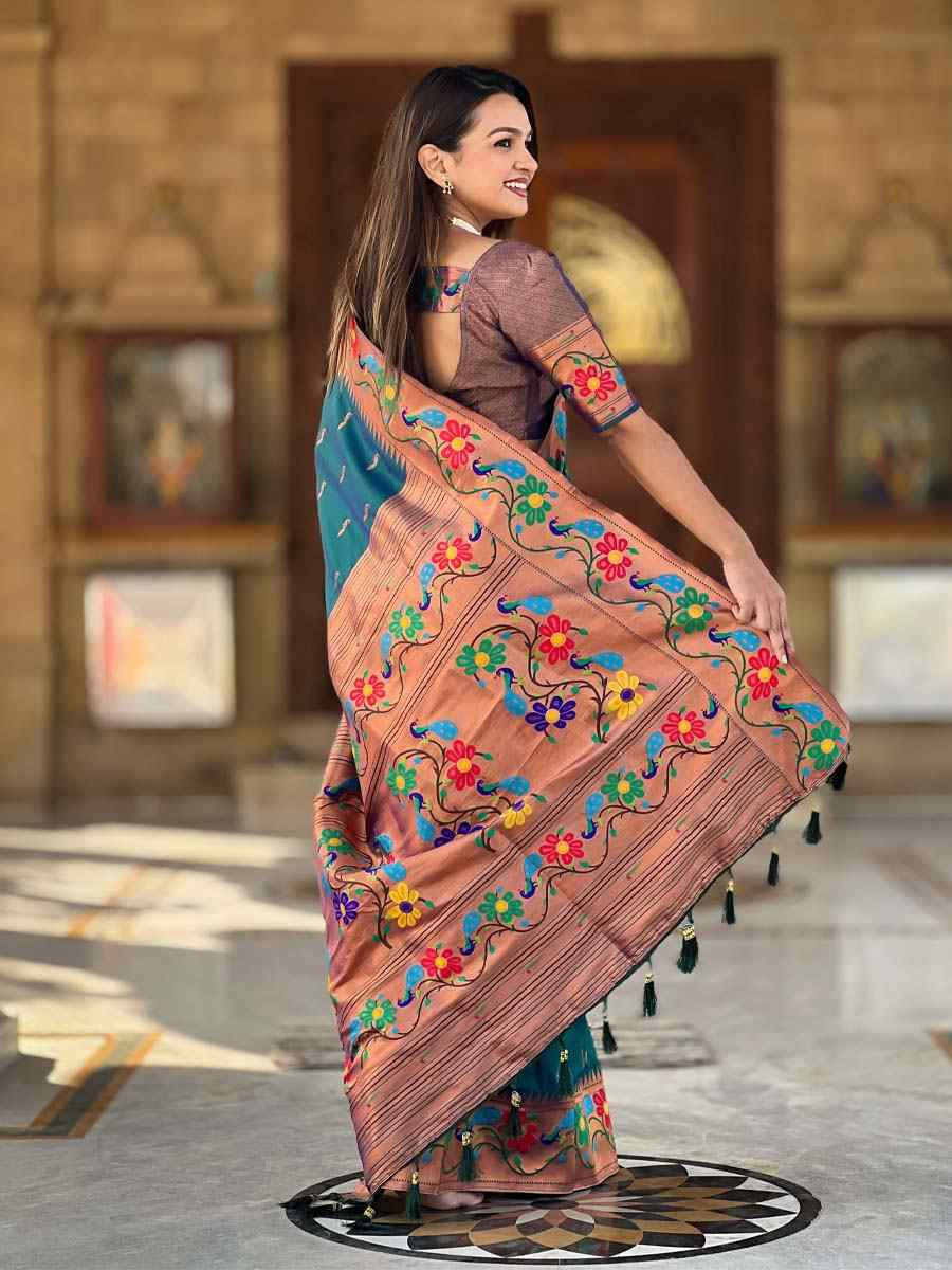 Teal Blue Soft Pathani Silk Handwoven Festival Wedding Fancy Heavy Border Saree