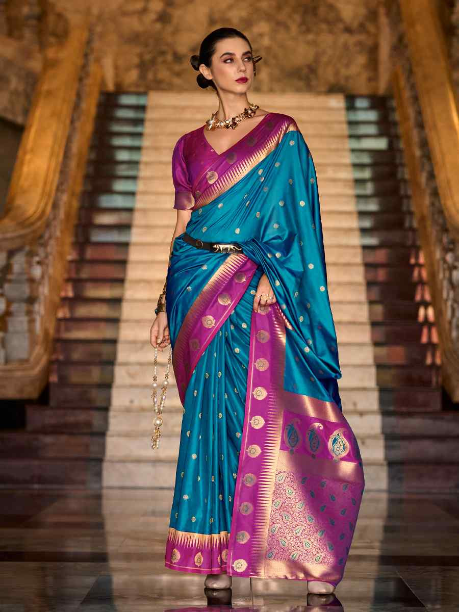 Teal Blue Soft Silk Handwoven Festival Wedding Fancy Heavy Border Saree