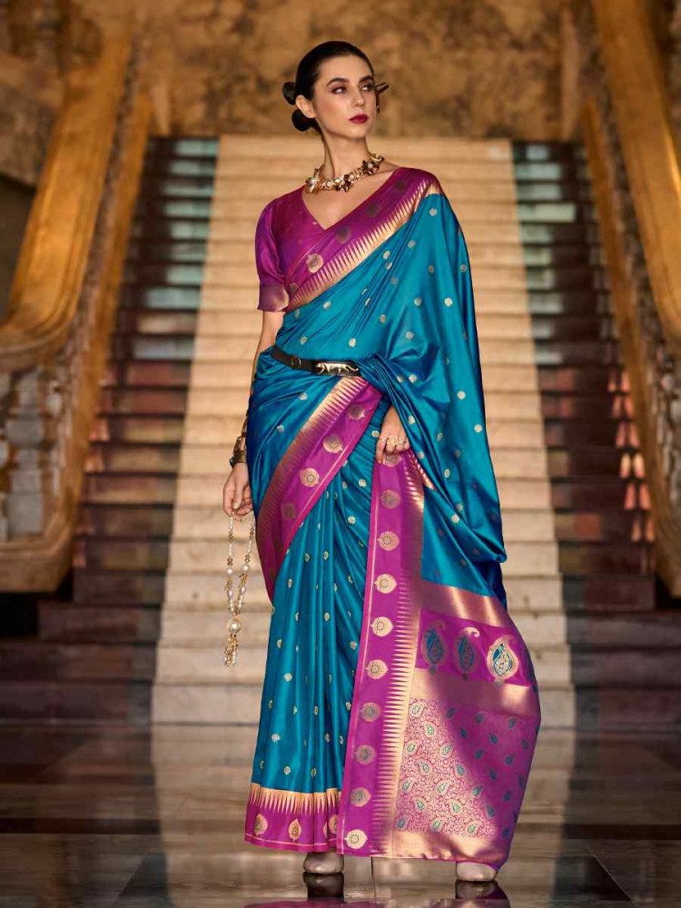 Teal Blue Soft Silk Handwoven Festival Wedding Fancy Heavy Border Saree