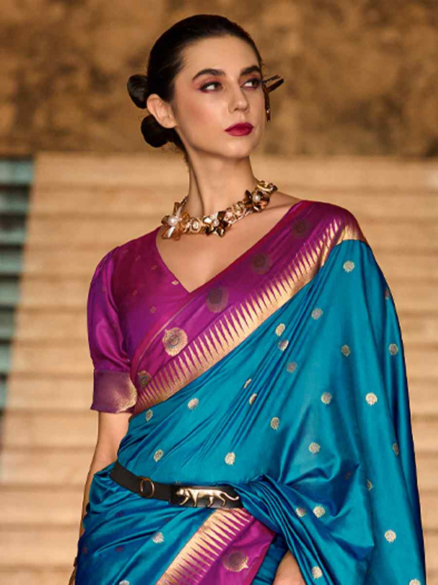 Teal Blue Soft Silk Handwoven Festival Wedding Fancy Heavy Border Saree