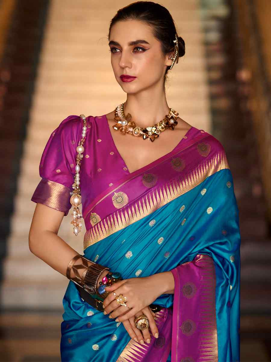 Teal Blue Soft Silk Handwoven Festival Wedding Fancy Heavy Border Saree