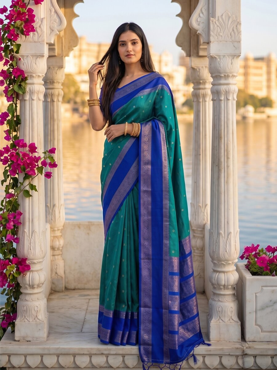 Teal Blue Soft Silk Zari Weaving Wedding Reception Party Festival Casual Heavy Border Sarees