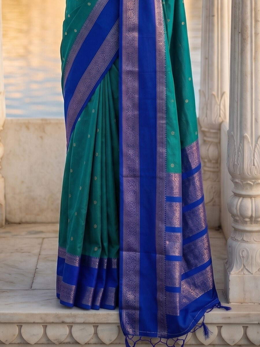Teal Blue Soft Silk Zari Weaving Wedding Reception Party Festival Casual Heavy Border Sarees
