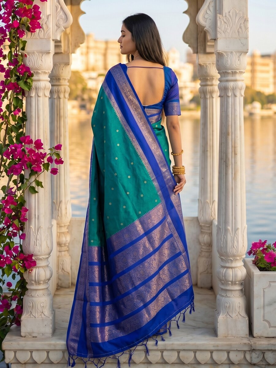 Teal Blue Soft Silk Zari Weaving Wedding Reception Party Festival Casual Heavy Border Sarees