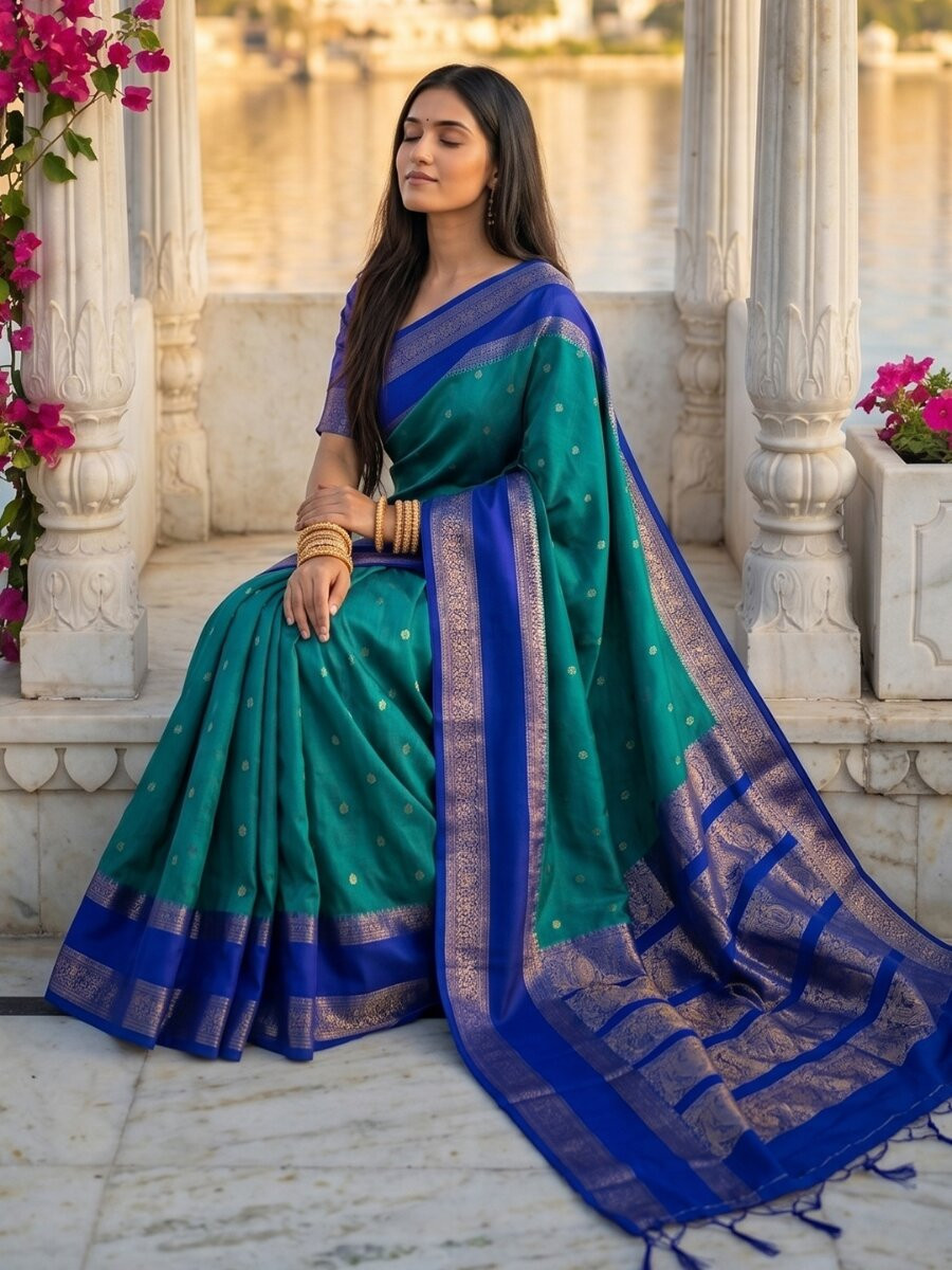 Teal Blue Soft Silk Zari Weaving Wedding Reception Party Festival Casual Heavy Border Sarees