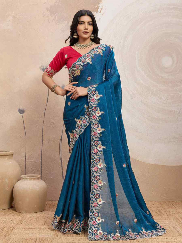 Image of Teal Blue Soft Space Silk Embroidery Bridal Reception Festival Wedding Fancy Heavy Border Sarees