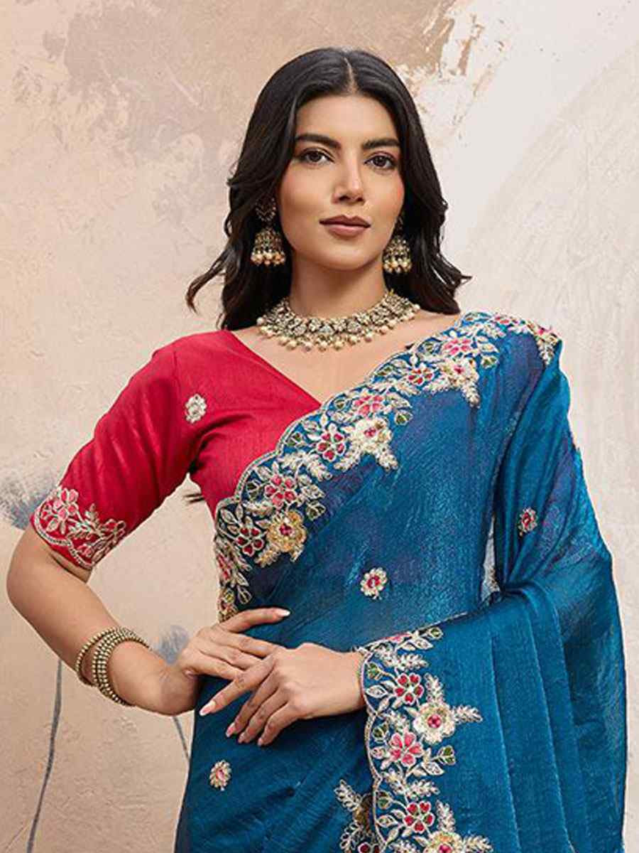 Teal Blue Soft Space Silk Embroidery Bridal Reception Festival Wedding Fancy Heavy Border Sarees