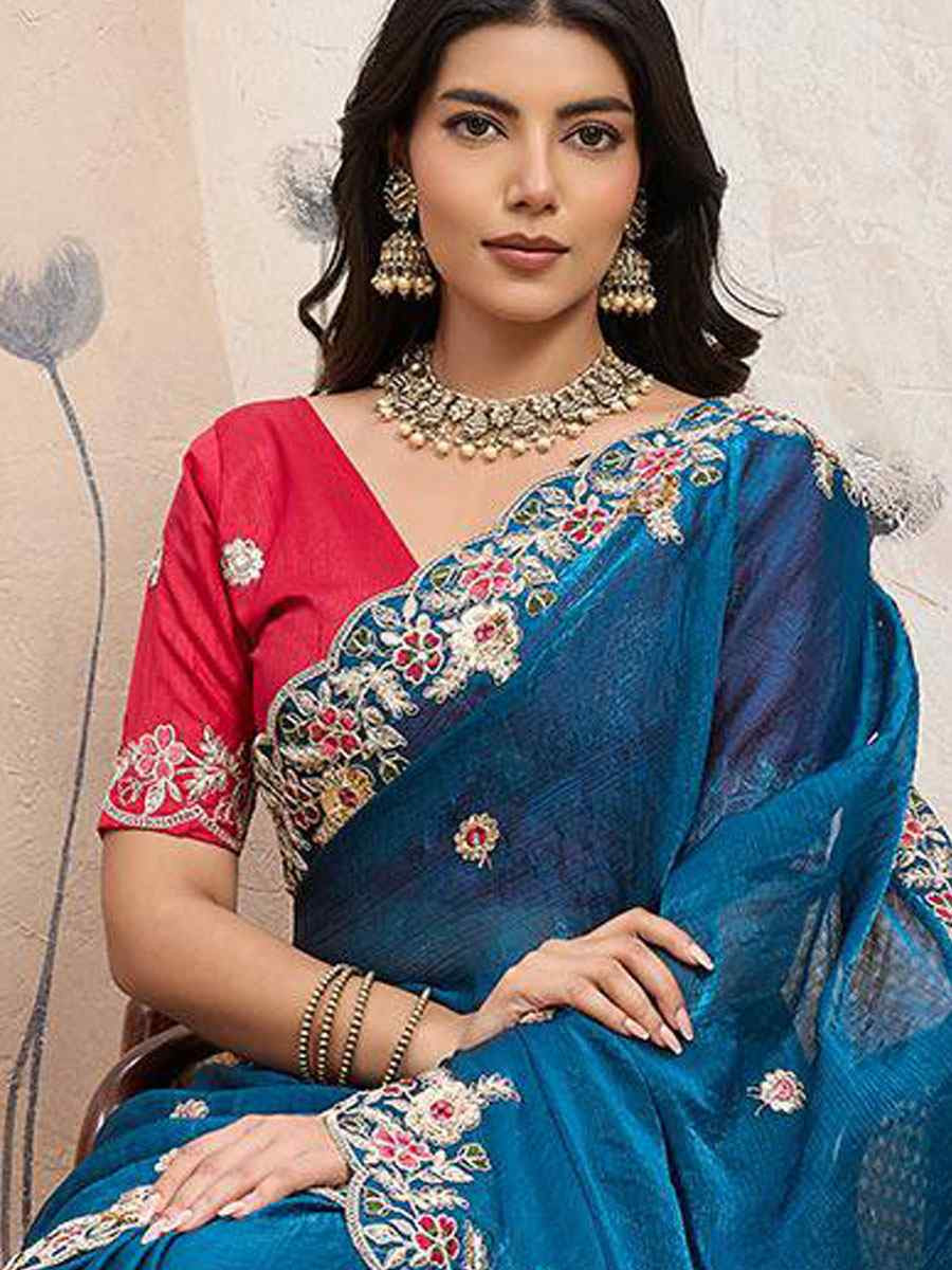 Teal Blue Soft Space Silk Embroidery Bridal Reception Festival Wedding Fancy Heavy Border Sarees