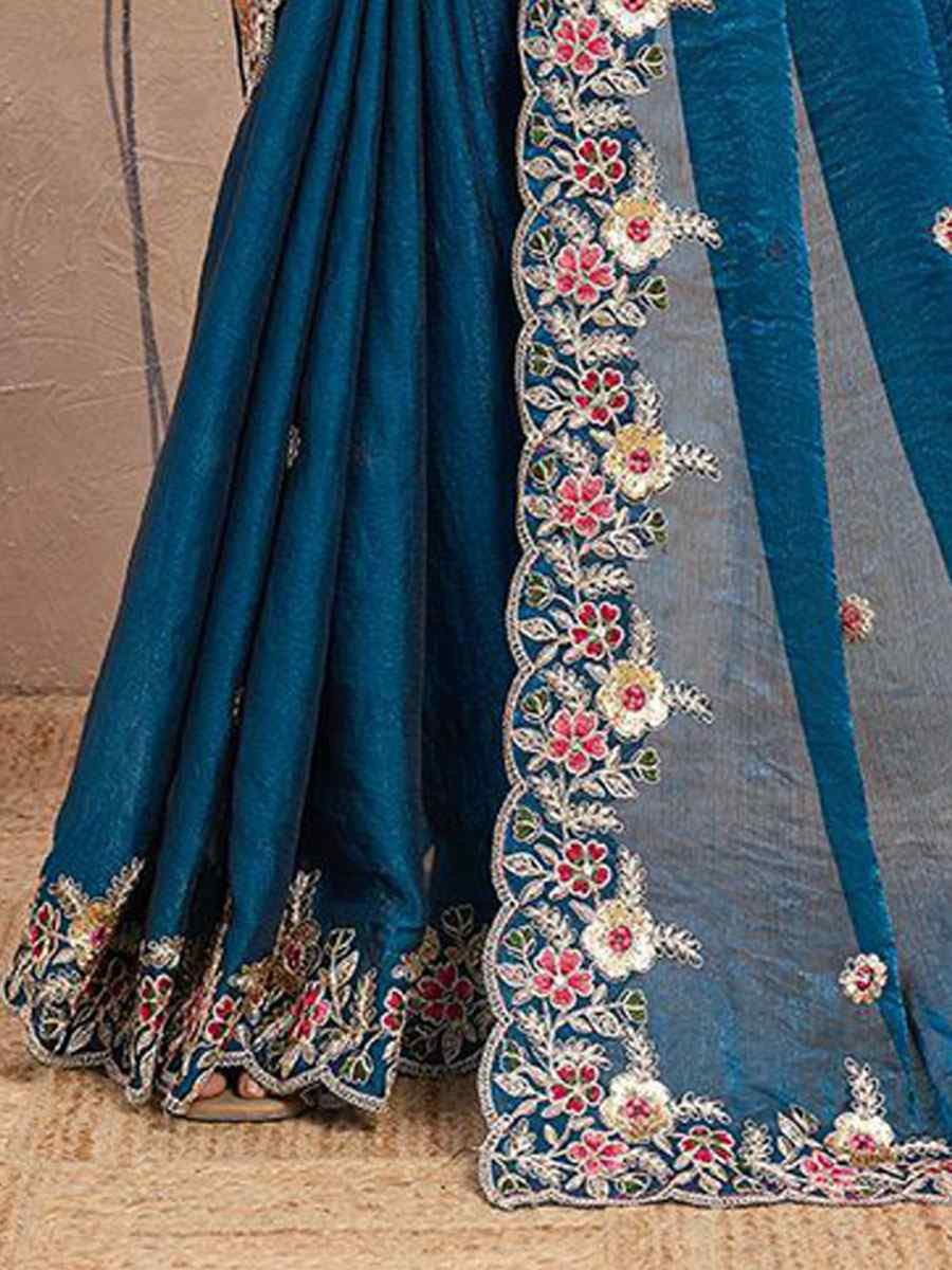 Teal Blue Soft Space Silk Embroidery Bridal Reception Festival Wedding Fancy Heavy Border Sarees
