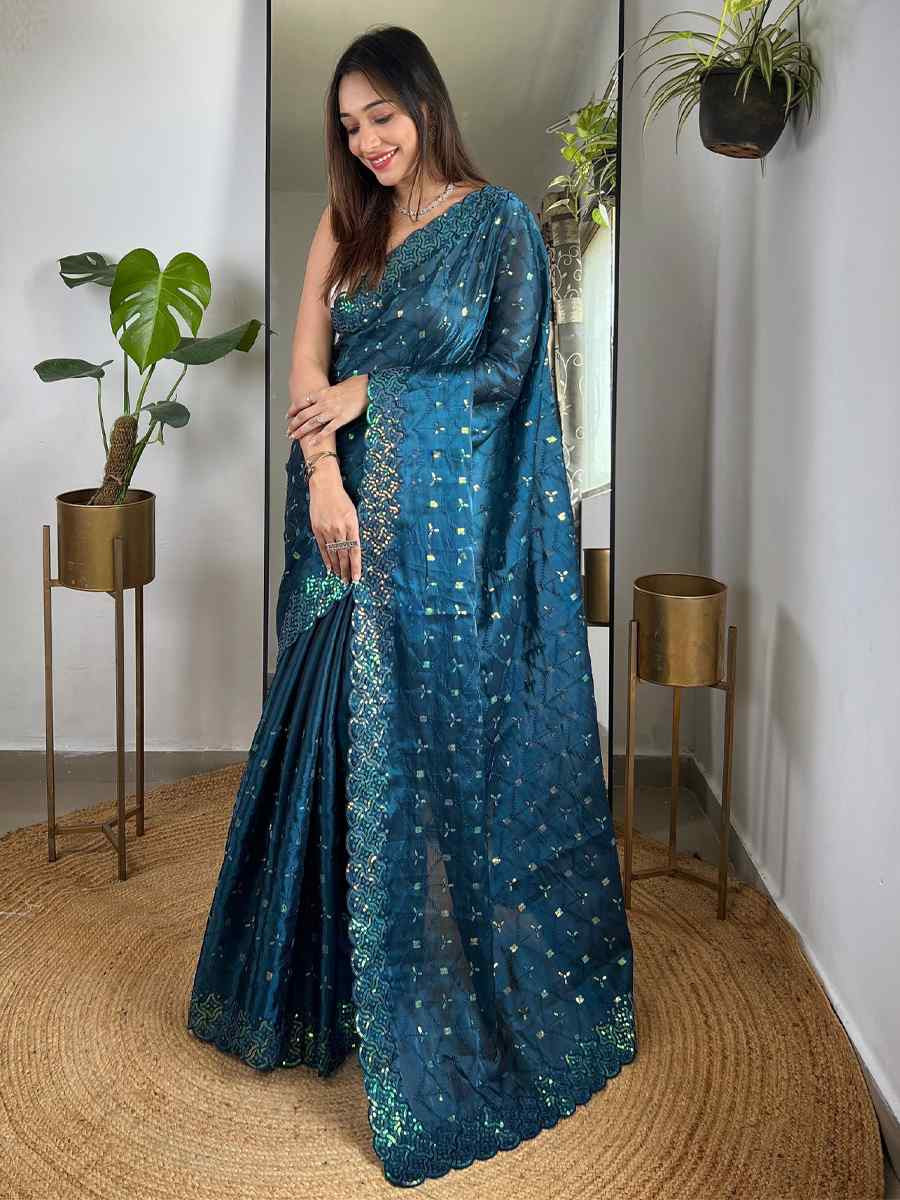 Teal blue Soft Zimmy choo Silk Embroidery Traditional Bridal Reception Festival Wedding Fancy Heavy Border Saree