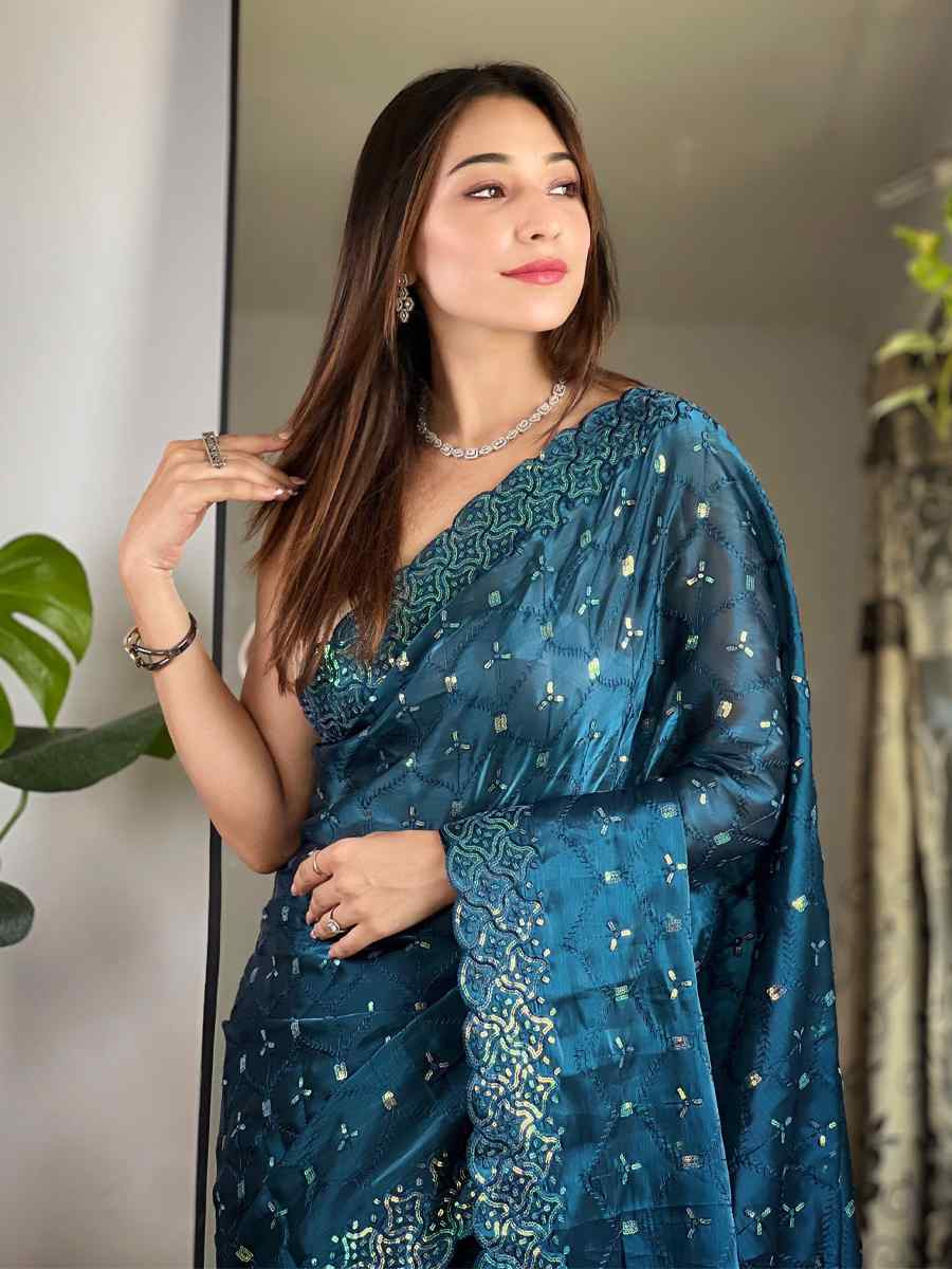 Teal blue Soft Zimmy choo Silk Embroidery Traditional Bridal Reception Festival Wedding Fancy Heavy Border Saree