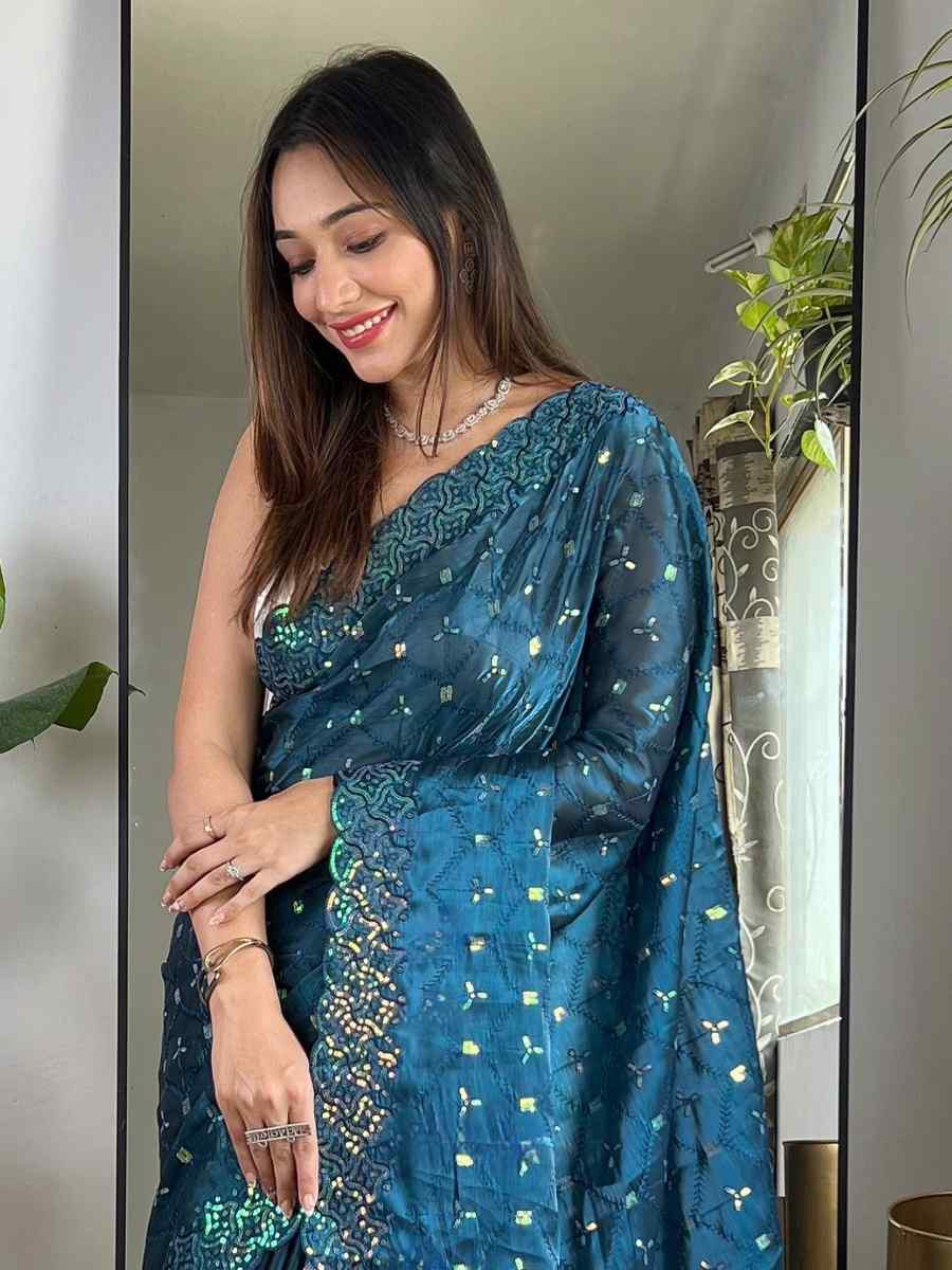 Teal blue Soft Zimmy choo Silk Embroidery Traditional Bridal Reception Festival Wedding Fancy Heavy Border Saree