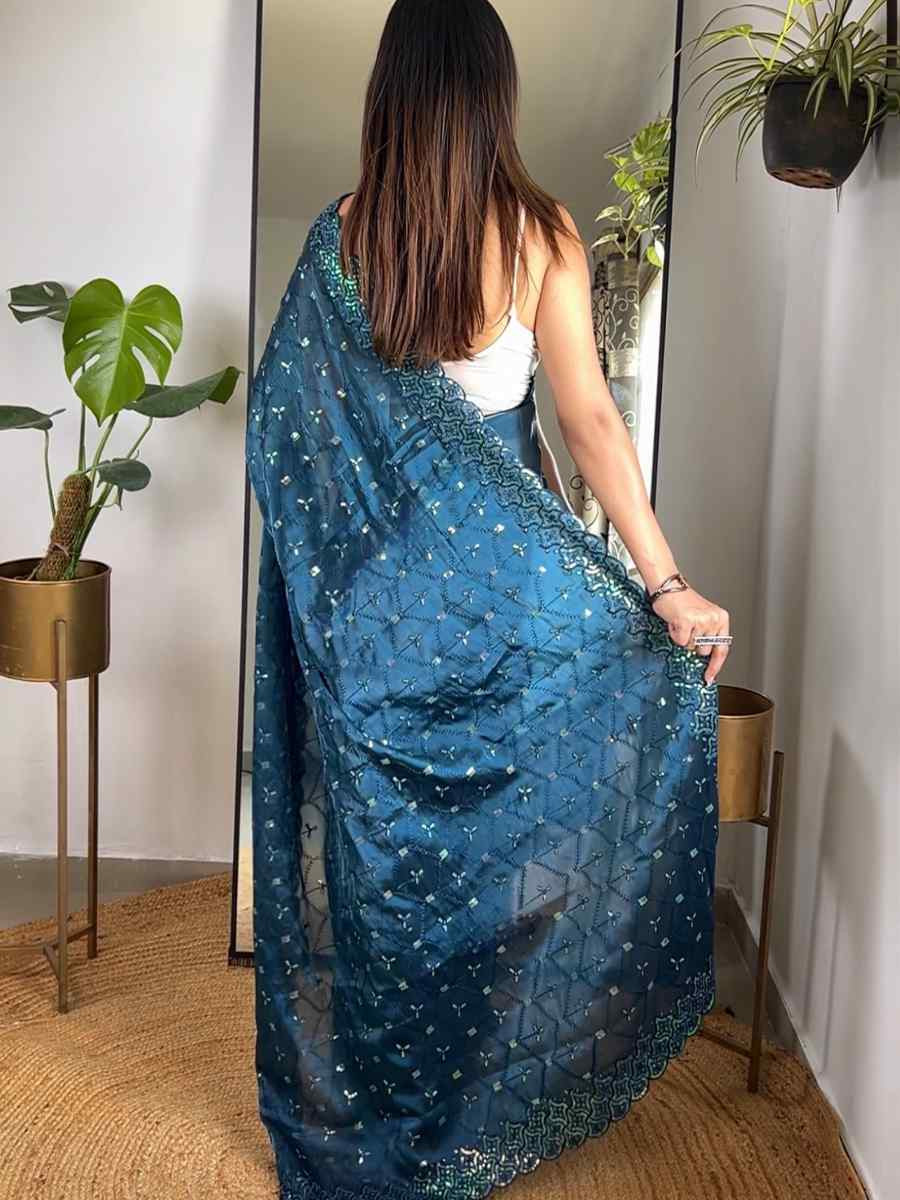 Teal blue Soft Zimmy choo Silk Embroidery Traditional Bridal Reception Festival Wedding Fancy Heavy Border Saree